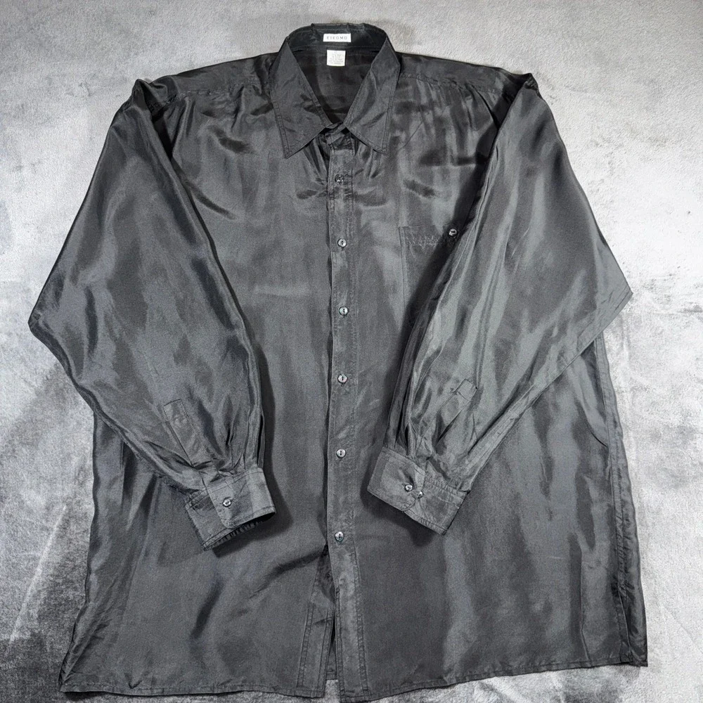 Kikomo Mens XL Black 100% Silk Long Sleeve Button Up Shirt Chest Pocket Collared